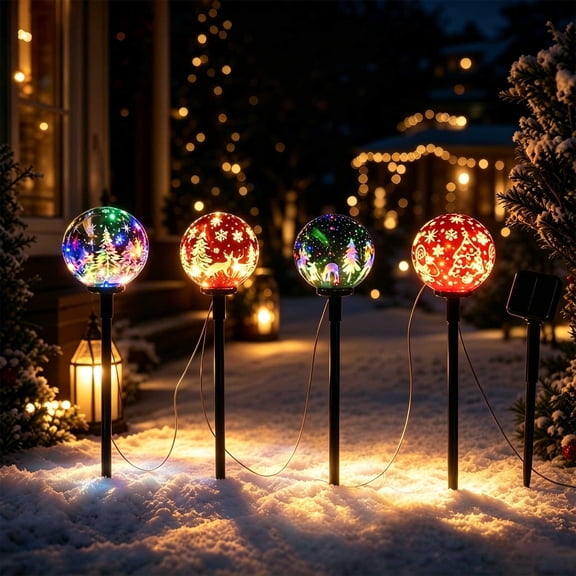 Solar Christmas Ball Stake Lights Set Of 4 Multicolor Xmas Patterns Globes Pathways Lights For Outdoor Garden Lawns Yard Holiday Decor
