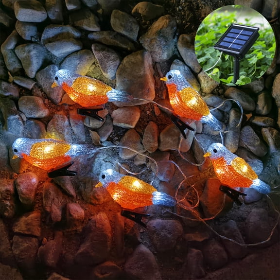 Solar Christmas Birds Lights, 5pcs Acrylic Bird Fairy Lights with Clip Waterproof Decoration Fairy Lights for Garden Landscape Patio Party Wedding