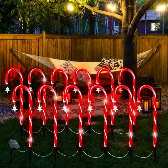 Solar Christmas Candy Cane Lights, Christmas Candy Cane Lights Outdoor Decorations, Solar Xmas Pathway Markers Lights, Outdoor Decor Stake with Star, Snowflowers & Santa(12 pieces)