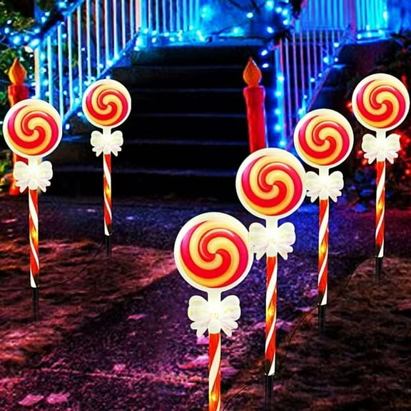 Solar Christmas Candy Cane Lollipop Lights, Outdoor Solar Powered with 5 LED Lights, Pathway Landscape Decorative Lights with Bow Tie, Waterproof Xmas Decorations Outside Lighting