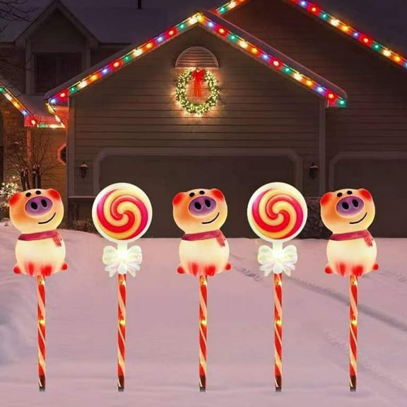Solar Christmas Candy Cane Path Lollipop and Cute Pig Lights-Outdoor Solar Powered Lights Pathway Landscape Decorative Lights with Bow Tie Waterproof Xmas Decorations Outside Yard Lighting (5PCS)