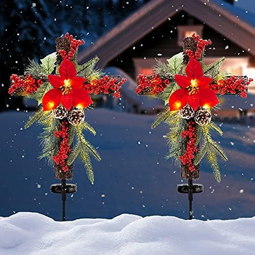 Solar Christmas Decorations Outdoor LED Lights, Xmas Waterproof Cross Stake, Cemetery Grave Decorations,Faux Pine Cones and Foliage Ornament Stakes for Garden Lawn Yard Cemetery, Set of 2