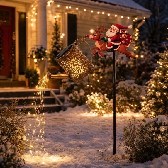 Solar Christmas Garden Stake Light, Santa Claus Deer Watering Can Light, Outdoor Waterproof Metal Yard Lamp with LED String Light for Porch Lawn Patio