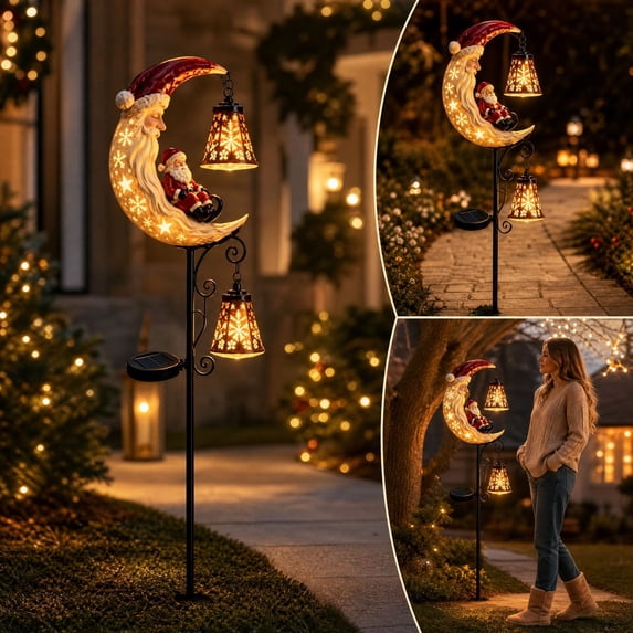 Solar Christmas Garden Stake Light with Santa on Moon Resin Figurine and Hanging Lantern, Waterproof Outdoor Yard Decoration for Patio Lawn Pathway Garden Holiday Display