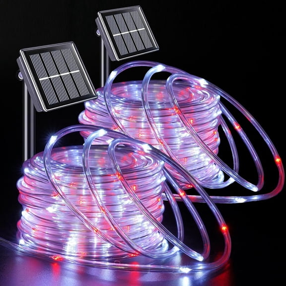 Solar Christmas Lights Outdoor , 2 Packs Each 33ft 100 LED Rope Lights, 8 Modes Fairy String Lights in Clear Thin Tube for Camping Fence Patio Garden Trampoline Deck(Red and White)