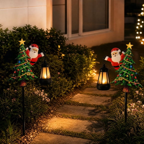 Solar Christmas Lights Outdoor Lanterns with Santa and Tree Design, Warm White, for Yard and Garden Pathway, Outdoor Decorations, 2 Pack