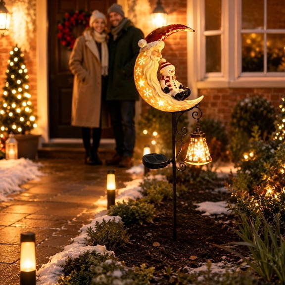 Solar Christmas Moon Santa Snowman Garden Stake Light, LED Outdoor Holiday Pathway Decor Lamp, Waterproof Christmas Yard Ground Plug Light with Hanging Lantern for Lawn Patio Decor