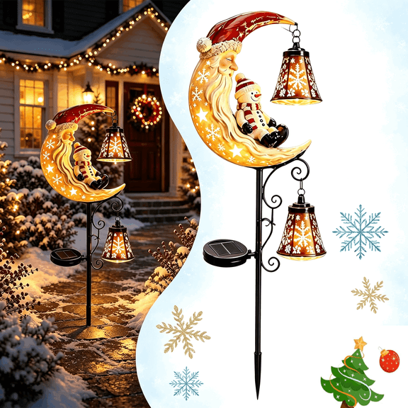 Solar Christmas Moon Snowman Lamp Post Decoration, Christmas Santa & Snowman Moon Solar Garden Stake Light, 34 in Santa Stake LED Yard Decor for Yard Lawn Patio Front Porch(RL)
