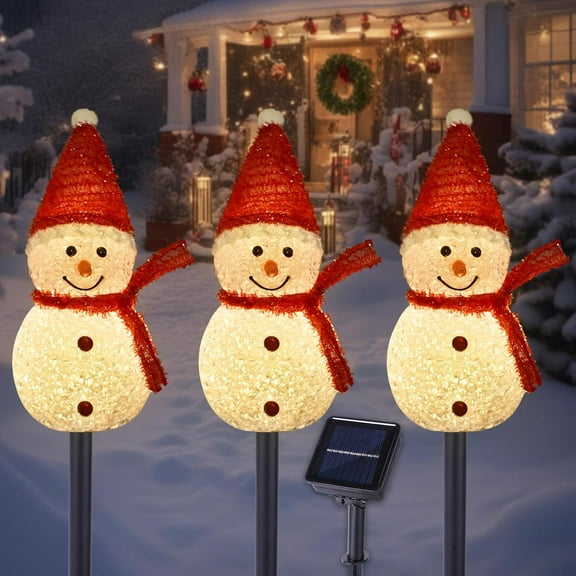 Solar Christmas Pathway Lights Outdoor Decor, Set of 3 Led Snowman Stake Lights, Waterproof Walkway Landscape Light for Winter Yard, Garden, Solar Christmas Decorations