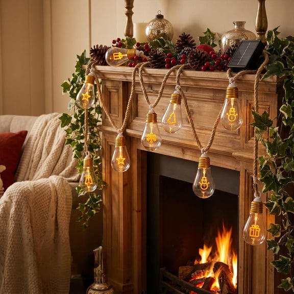 Solar Christmas String Lights, 5M 10ulb Rope String Light with Holiday Pattern Bulbs for Indoor Outdoor Decor