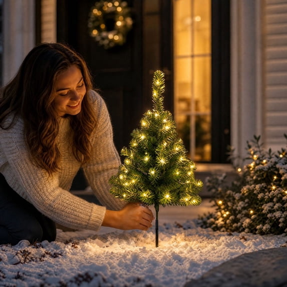 Solar Christmas Tree Ground Stake Lights 24 Inch Outdoor Garden Decor with Warm Led Lights, Waterproof Plastic Yard Stake for Patio, Lawn, Pathway, Holiday Landscape Lighting