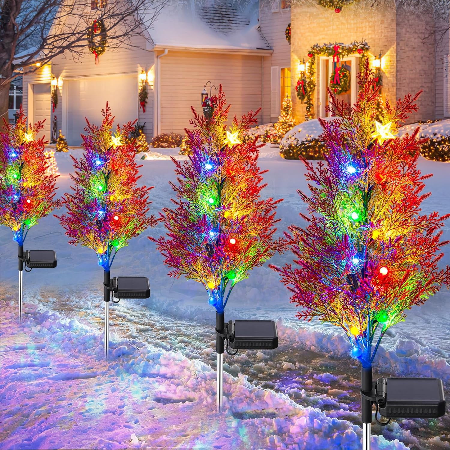 Solar Christmas Tree Lights 4Pack MultiColor Xmas Tree Pathway
