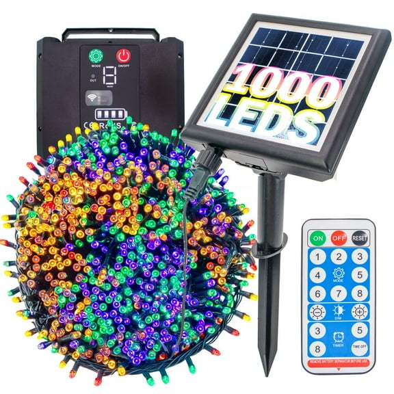 Solar Christmas Tree Multicolor RGB String Lights - 1000 LED - 364ft - w/ Remote, 8 Modes, Timer, Waterproof String Lights - for Christmas Tree, Garden, Patio, Fence, Party, and Holiday Decorations