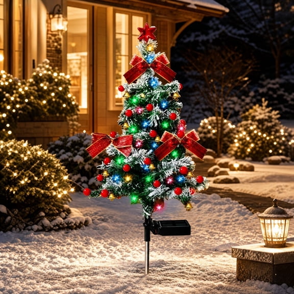 Solar Christmas Tree Outdoor Decor, Waterproof Solar Xmas Decorations Garden Stake Lights, Multi-Color LED Christmas Décor for Outside Landscape Pathway Porch Yard Holiday