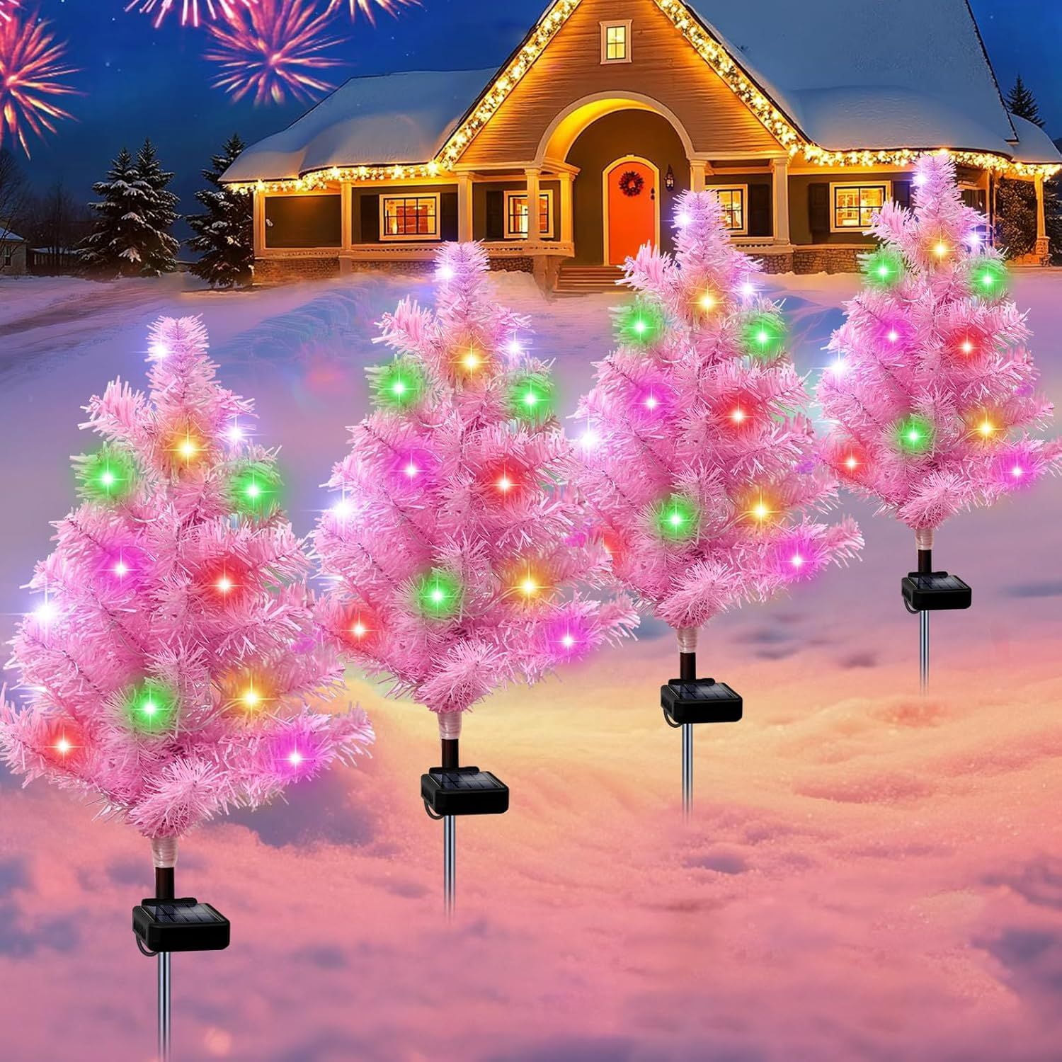 Solar Christmas Tree Outdoor Decor, Waterproof Solar Xmas Decorations Garden Stake Lights, Multi-Color LED Christmas Décor for Outside Landscape Pathway Porch Yard Holiday (4 Pcs Pink)