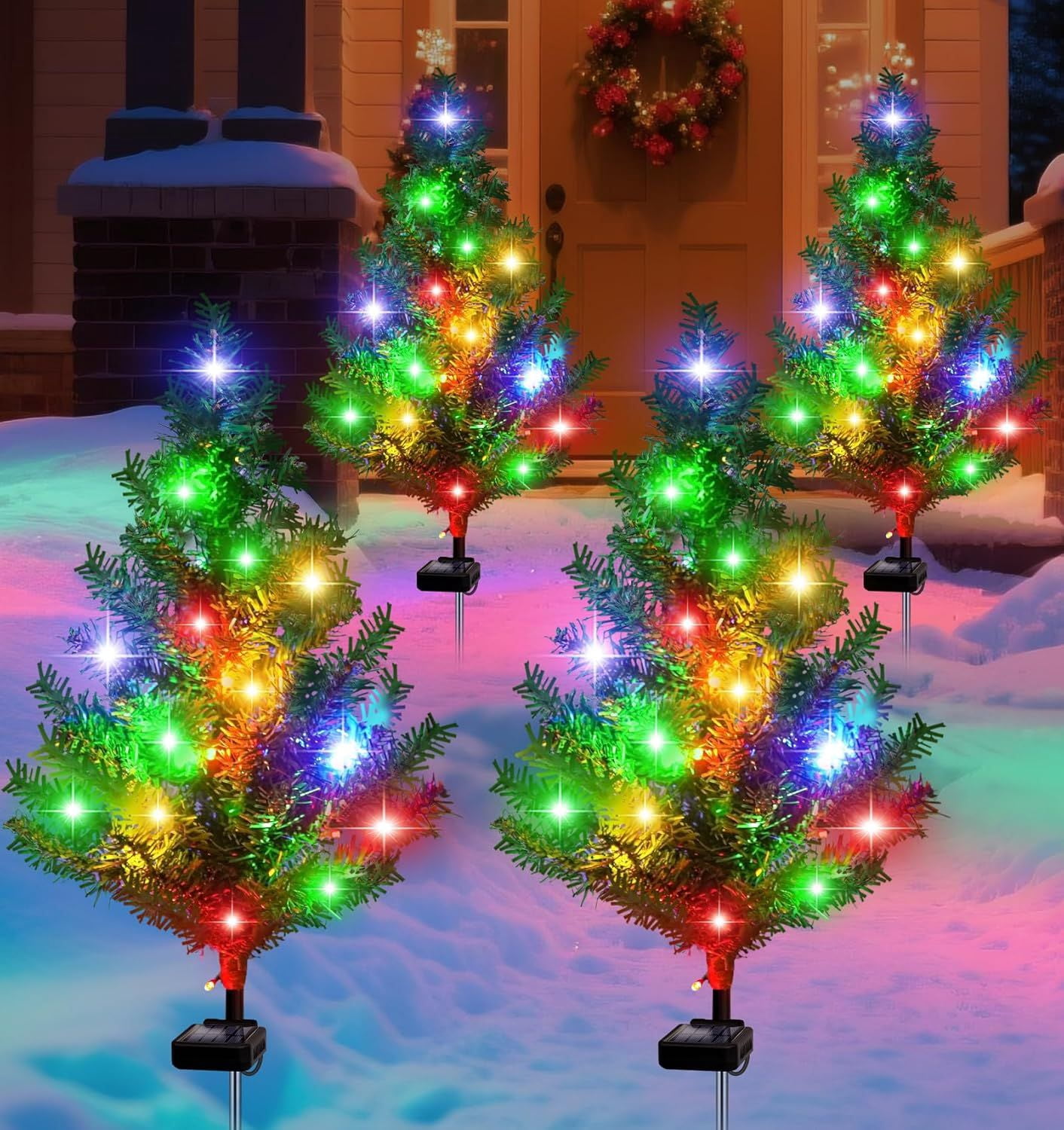 Solar Christmas Tree Outdoor Decor, Waterproof Solar Xmas Decorations Garden Stake Lights, Multi-Color LED Christmas Décor for Outside Landscape Pathway Porch Yard Holiday (4 Pcs Pink)
