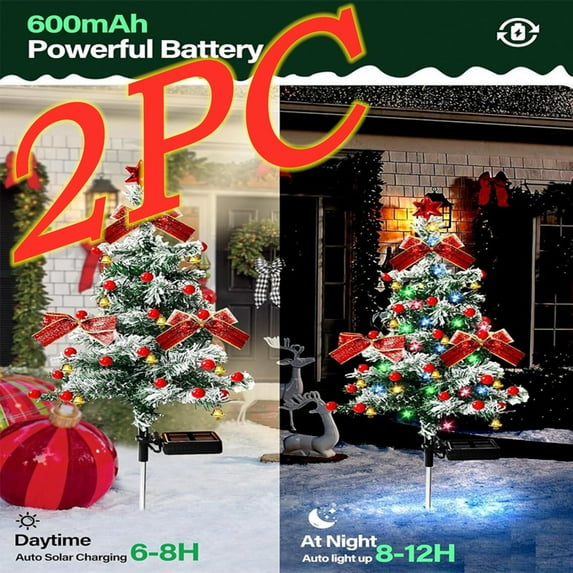 Solar Christmas Tree Outdoor Lights 2 PC 33 Inch Outdoor Christmas Tree Garden Stake Lights Christmas Tree Yard Decorations with Red Decor LED Light Toper Bell Red Berry Bow