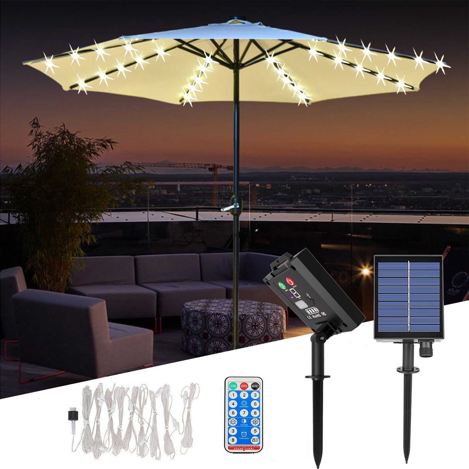 brylane walmart light for patio umbrella LED | Rechargeable & Cordless, 3 Brightness Settings Equipped with 32 LED lights that emit soft light BrylaneHome Outdoor Tilt-And-Crank Umbrella With