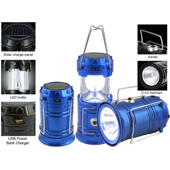 Solar Collapsible LED Lantern 3-in-1 Rechargeable, Flashlight & USB Power Bank - Portable, Bright, Eco-Friendly - Camping, Outdoor Activities, Emergencies (Blue)