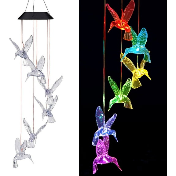 Solar Color Changing LED Hummingbird Wind Chimes Garden Yard Hanging Decor Light