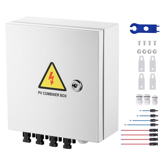 Solar Combiner Box 4 String, 15A Fuse&63A Breaker with Lightning Arrester, IP65 Steel Enclosure for On/Off Grid Solar Panel Systems