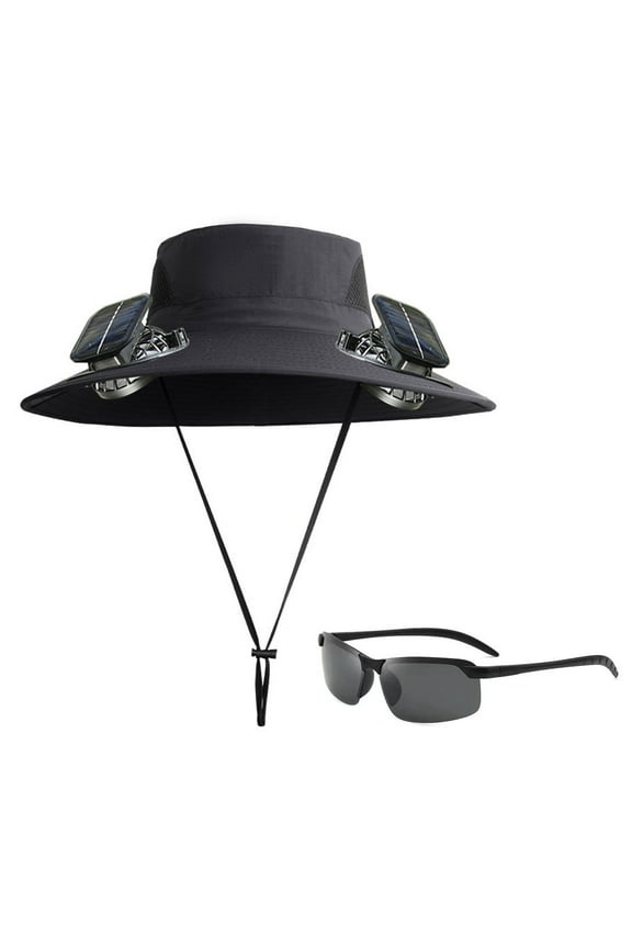 Solar Cooling Fan Hat 3-Speed Adjustable Ventilation Wide Brim UPF50+ Protection Outdoor Fishing Gardening Hat with USB/Solar Charging(Comes with a pair of sunglasses-A)