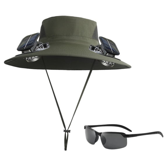 Solar Cooling Fan Hat 3-Speed Adjustable Ventilation Wide Brim UPF50+ Protection Outdoor Fishing Gardening Hat with USB/Solar Charging(Comes with a pair of sunglasses-E)