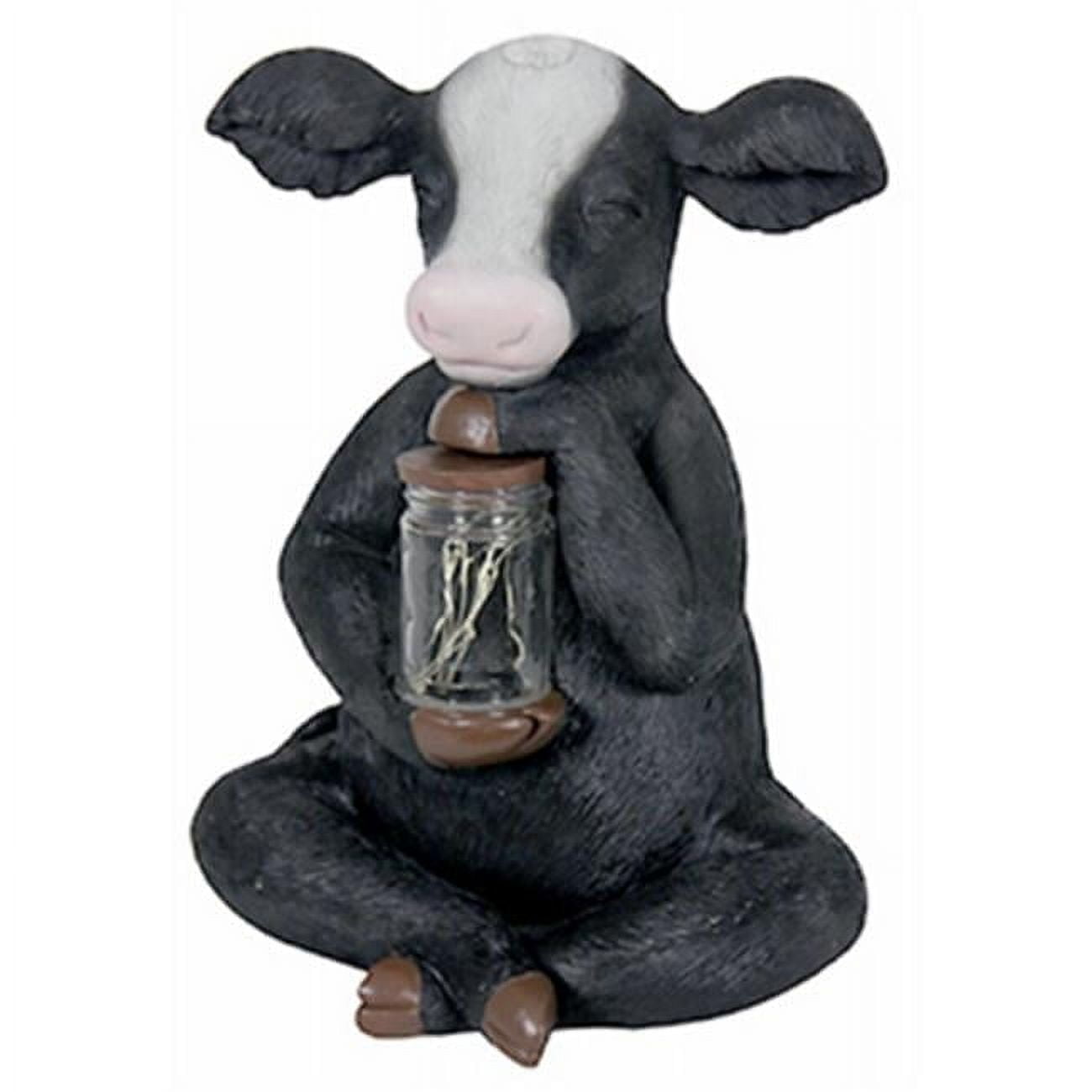 Black and White Resin Cow Garden Statue with Solar Firefly Jar