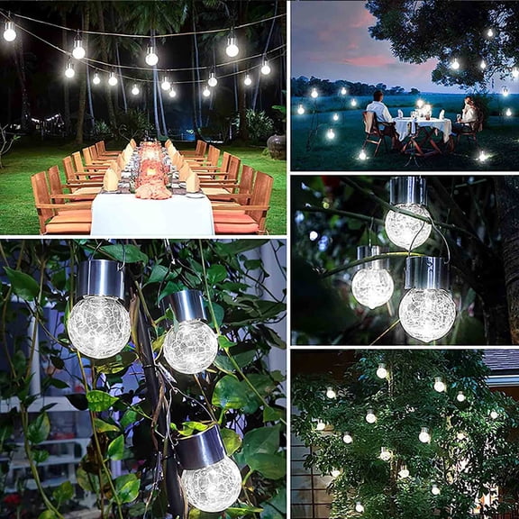 Solar Cracked Glass Ball Pendant Light, Rattan Woven LED Ball Garden Light String, Outdoor Hanging Solar Lights，For Garden Yard Patio, Fence Tree Umbrella, Holiday Decor