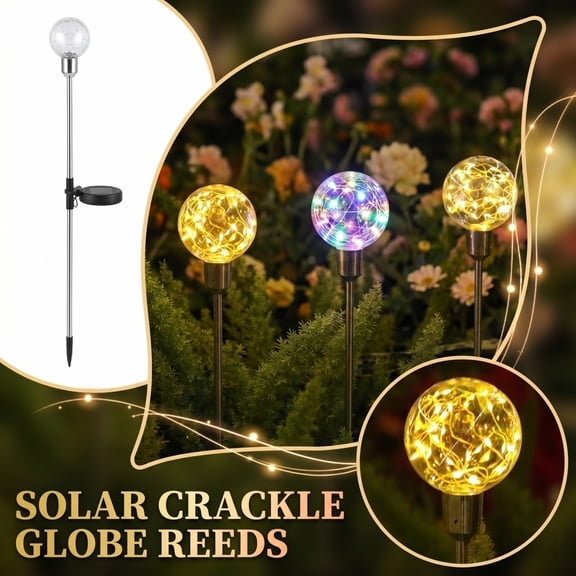 Solar Crackle Glass Globe Reed Lights,Outdoor Decorative Landscape Path Stakes,Waterproof Color Changing LED Garden Lighting for Lawn and Patio