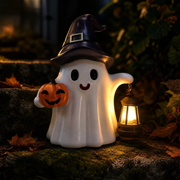 Solar Creative Decorative Garden Light, Halloween Pumpkin Ghost LED Stake Light, Solar Powered Waterproof Resin Lamp, Spooky Resin Decor for Table Garden Yard Lawn Patio Pathway Outdoor Landscape (A)