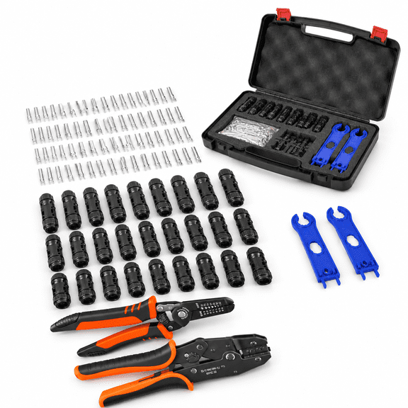 Solar Crimper Tool Kit with 14-10AWG Wire Stripper, 30 Pairs MC4 Connectors and Spanner Wrenches