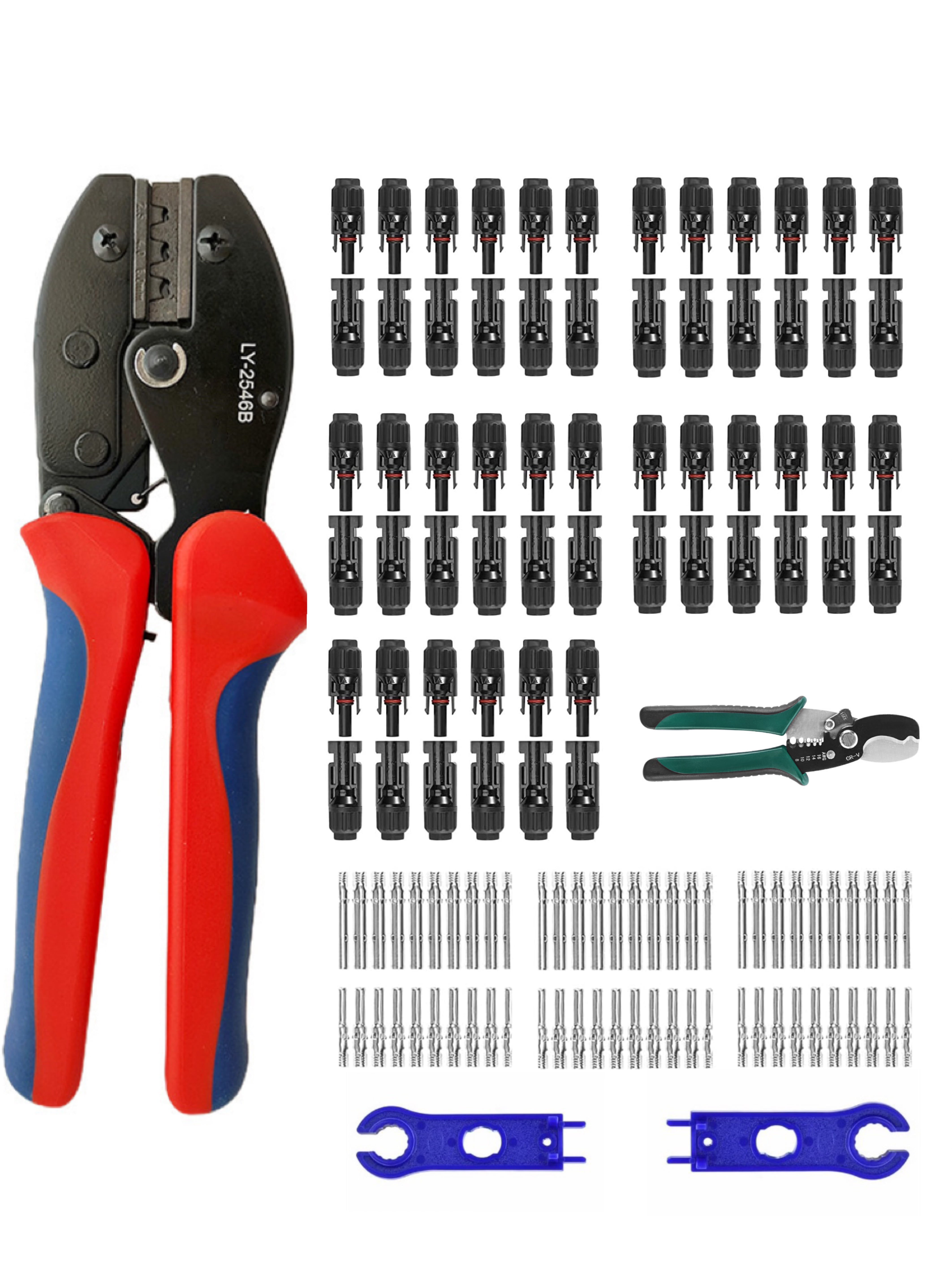 Solar Crimping Tool for Solar Panel Cable with 30 Pairs Solar Connectors, 1PCS Solar Crimper, 2 PCS Spanner Wrench, Crimper Tool for 2.5/4/6mm² Solar cable Wire,1PCS cable stripper