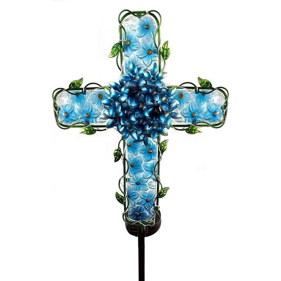 Solar Cross Garden Lights Outdoor Decorative - Solar Metal&Glass Cross Blue Hydrangea Flower Stake Lights- Waterproof 20 Warm White LED for Remembrance Gifts