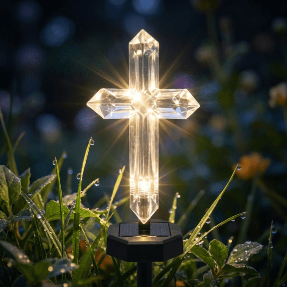 Solar Cross Garden Stake Light 19 Inch Acrylic Crystal LED Pathway Light Waterproof for Lawn Garden Easter Cemetery Memorial Grave Decorations