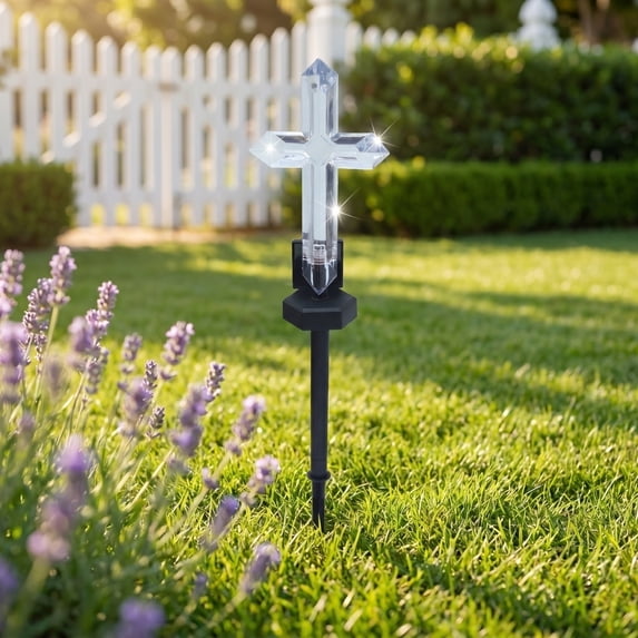 Solar Cross Garden Stake Light Warm White Pathway Light Waterproof Outdoor Yard Decor for Lawn Garden Memorial Decoration Cemetery Grave