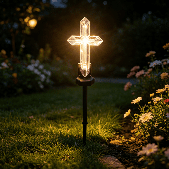 Solar Cross Garden Stake Light Weather-Resistant Acrylic Crystal Design Solar Powered Outdoor Yard Light for Lawn Garden Easter Cemetery Decoration