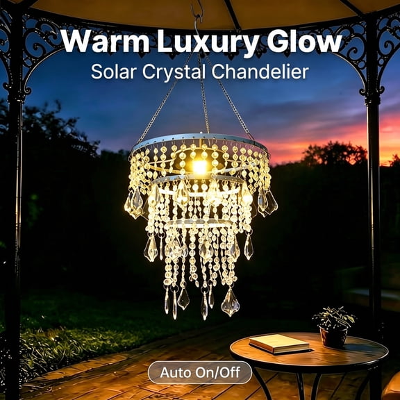 Solar Crystal Hanging Chandelier Light, IP44 Waterproof Outdoor Pendant Lamp with Auto On/Off Function, Lithium Battery Powered, Decorative Lighting for Yard, Patio, Pavilion, Wedding & Party Decor