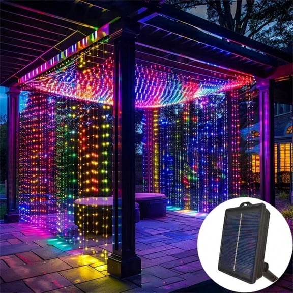 Outdoor Solar Curtain Lights 10x10Ft 300 LED Waterfall Twinkle Waterproof with Remote & Timer for Gazebo Wedding Pergola Party