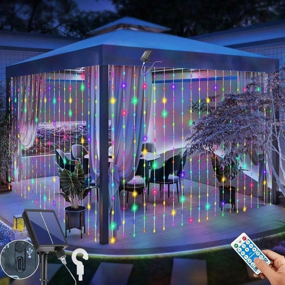 Solar Curtain Lights 10*10Ft 300LED Waterproof Waterfall Light with 8 Modes Remote Type C Charging Dimmable Timer Twinkle Fairy String Lights for Outdoor Christmas Gazebo Wedding Party Pergola Patio