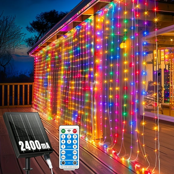 Solar Curtain Lights, 300 LED Outdoor Solar Powered Waterfall String Lights for Patio Gazebo Backdrop Garden with USB Rechargeable Remote Hanging Twinkle Curtain Fairy Lights