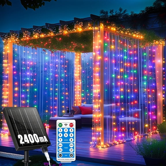 Solar Curtain Lights, 300 LED Outdoor Solar Powered Waterfall String Lights for Patio Gazebo Backdrop Garden with USB Rechargeable Remote Hanging Twinkle Curtain Fairy Lights