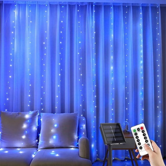 Solar Curtain Lights, 3m x 1m 100 LED Outdoor Waterfall Lights with Remote & Timer, 8 Modes Cuttable, IP65 Waterproof for Garden, Gazebo, Wedding, Party Decor