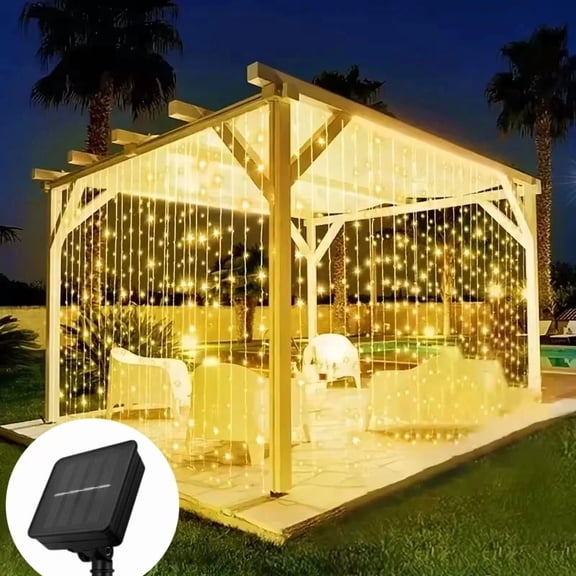 Solar Curtain String Lights, 300 LED Waterproof Fairy Lights with 8 Modes, Outdoor Decorative Lighting for Garden Patio Party