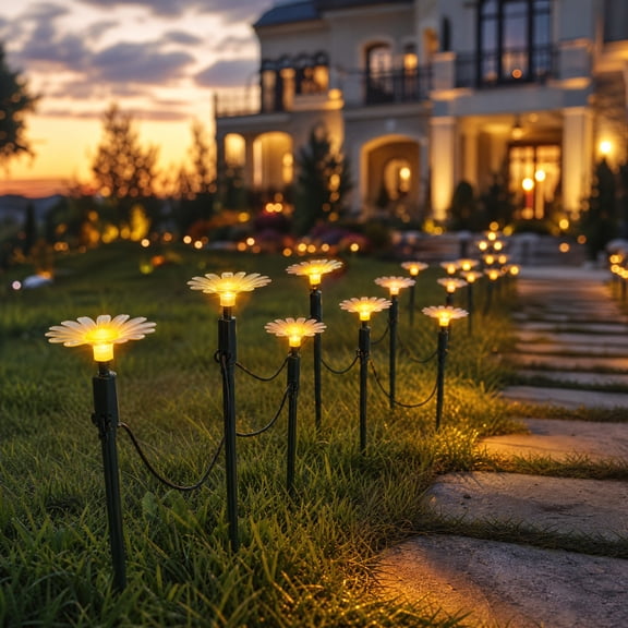 Solar Daisy Ground Lights, Flower Pathway Stakes, Outdoor Yard Decor, Glows Automatically at Dusk and Withstands Weather for Garden Path, Lawn Border, and Walkway Edge.