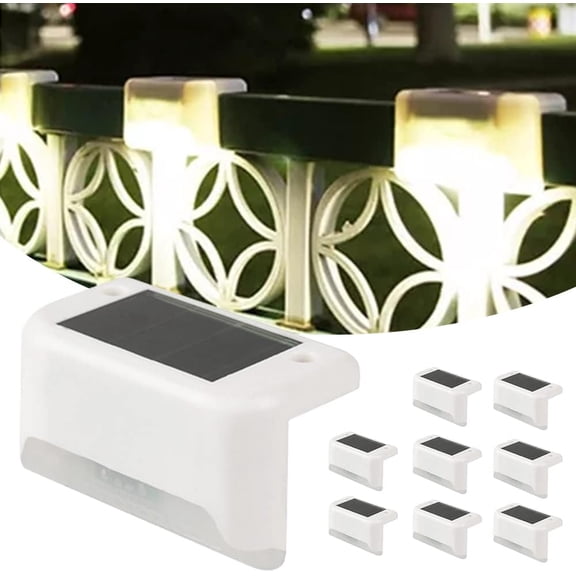 Solar Deck Lights 8 Pack Solar Fence Light Solar Powered Outdoor Step Light IP65 Waterproof LED Solar Pathway Light for Deck Fence Railing Garden Patio Stair Yard (White Shell,Warm Lighting)