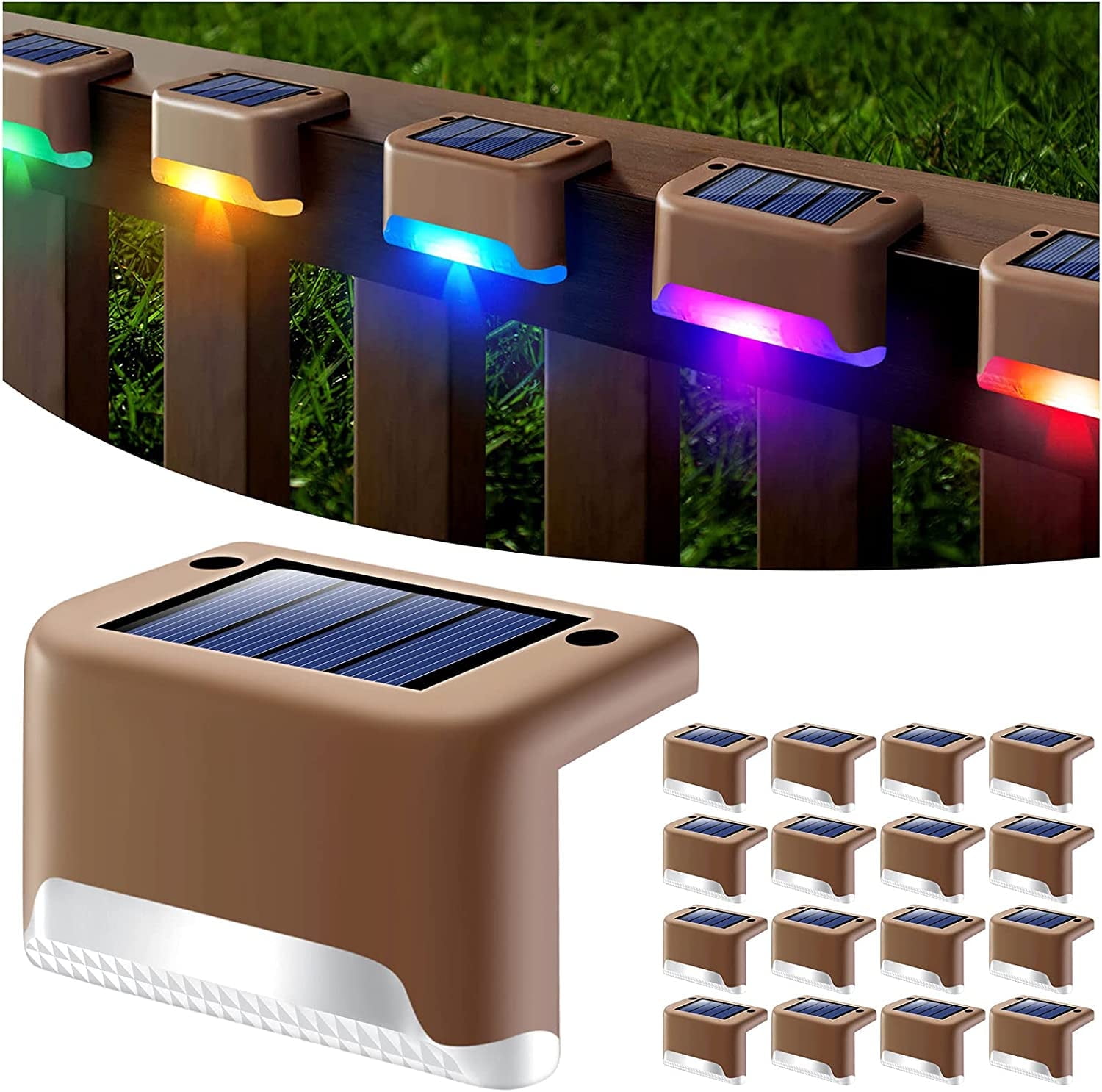 Colorful LED Solar Deck Lights with Dusk to Dawn Function, 16 Pack