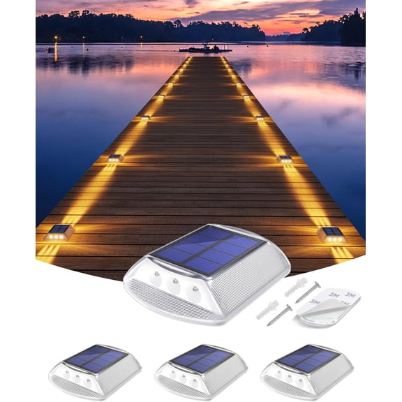 Solar Deck Lights Outdoor, 4 Pack Warm Driveway Lights Solar Powered, IP68 Waterproof Stick on & Screw Dock Light for Pathway, Walkway, Sidewalk, Patio, Pool Deck, Garden, Step