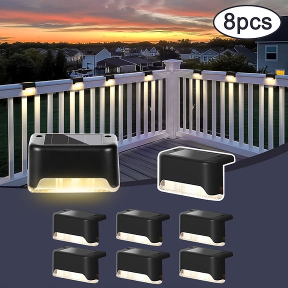 Solar Deck Lights for Outdoor Stairs, 8 Pack Warm White LED Fence Lights, Black for Patio