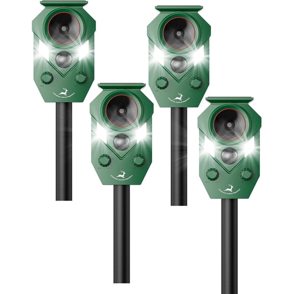 Solar Deer Repellent Devices Outdoor - Ultrasonic Animal Repellent with Motion Sensor & Strobe Lights, 4 Pack Waterproof Cat Repellent Outdoor, Repels Raccoon, Coyote for Garden & Lawn